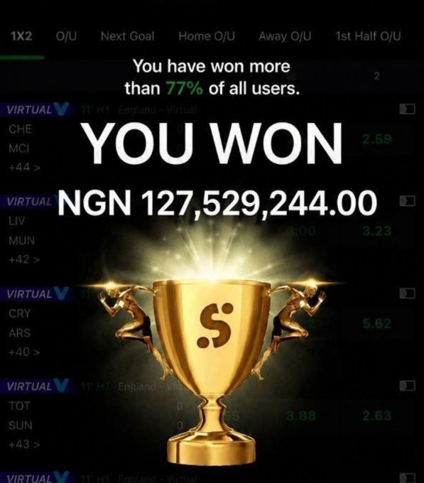 The image shows a betting app celebration screen displaying "YOU WON NGN 127,529,244.00" alongside a gold trophy, with a message claiming the user beat 77% of all users. The accompanying post celebrates this ~127.5M Naira virtual betting win, referencing Arsenal, and pledges to drop N100k to lucky commenters hitting 189 likes/retweets.