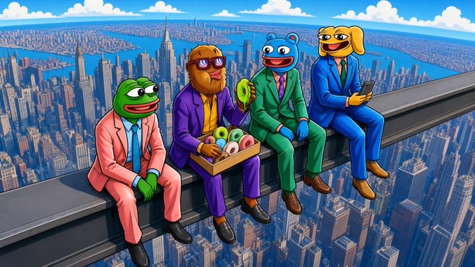 Four anthropomorphic animals—a frog in a pink suit, a beaver in purple, a bear in green, and a dog in blue—sit on a steel beam high above New York City's skyline, with the beaver holding a box of colorful donuts. The whimsical scene of characters casually perched above the bustling metropolis complements the post's message about balancing full-time work with part-time efforts toward $WOLF's future.