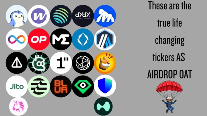 A collage of cryptocurrency project logos including Pudgy Penguins, DYDX, dYdX Foundation, OP, Jito, BLUR, and others, with text reading 'These are the true life changing tickers AS AIRDROP OAT' next to a parachuting character.