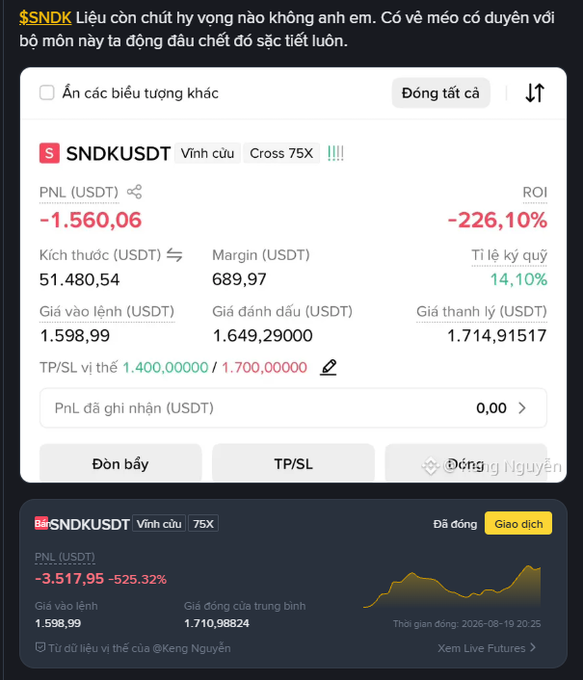 A Vietnamese trading interface showing a position for the SNDKUSDT perpetual contract with a PNL of -1,560.06 USDT and an ROI of -226.10%, along with a subsequent loss of -3,517.95 USDT.