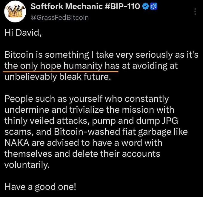 A tweet from 'Softfork Mechanic #BIP-110' (@GrassFedBitcoin) addressing 'David,' stating Bitcoin is 'the only hope humanity has at avoiding an unbelievably bleak future' and criticizing detractors, mentioning NAKA.