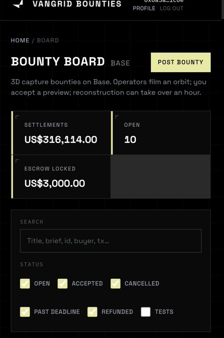 Screenshot of the VanGrid Bounties website showing a Bounty Board on Base with $316,114.00 in settlements and 10 open bounties.