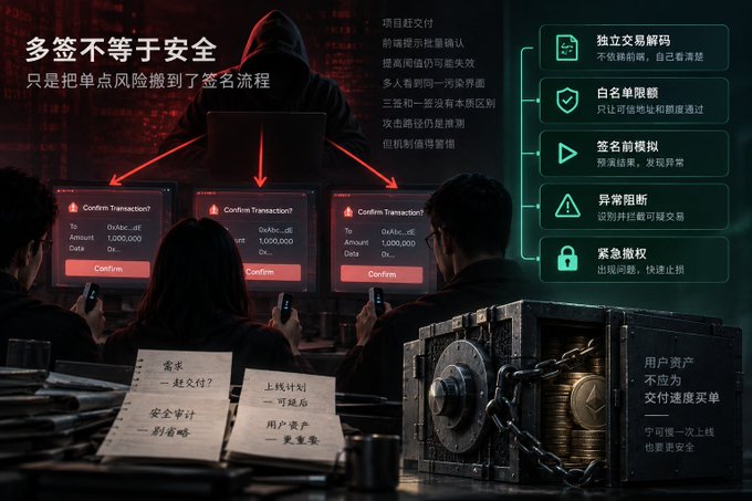 A Chinese-language infographic warning '多签不等于安全' (Multi-sig does not equal safety), depicting a hooded hacker and people approving transactions, with safety tips like '独立交易解码' and '白名单限额'.
