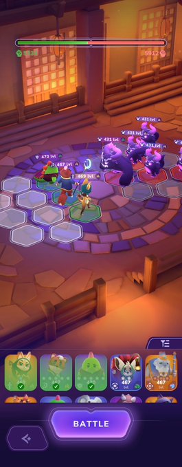 A mobile game screenshot showing a turn-based battle scene with cartoonish characters on a hexagonal grid, featuring health bars, character cards at the bottom, and a "BATTLE" button.