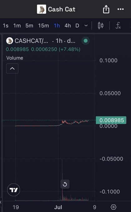 TradingView chart of Cash Cat (CASHCAT) on the 1h timeframe, showing price at 0.008985, up 7.48%, with low volume.