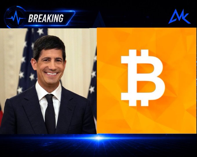 A news-style graphic featuring a 'BREAKING' banner at the top, showing a smiling man in a suit on the left and a large Bitcoin symbol on an orange background on the right.
