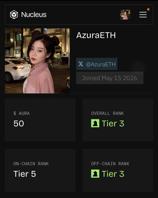 A user profile page on the 'Nucleus' platform for 'AzuraETH' (@AzuraETH), showing 50 $AURA, an Overall Rank of Tier 3, an On-Chain Rank of Tier 5, and an Off-Chain Rank of Tier 3, joined May 15 2026.