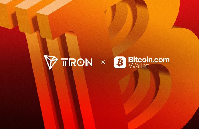 A promotional graphic for a partnership between TRON and Bitcoin.com Wallet, shown with their logos over a stylized 3D orange and red background.