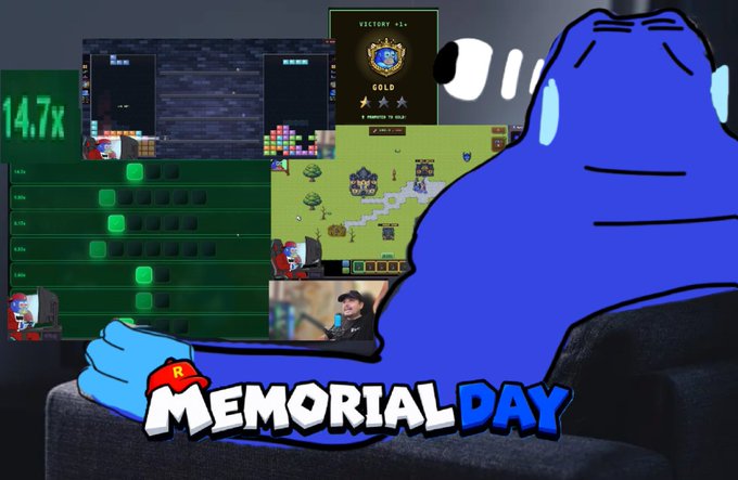 A 'MEMORIAL DAY' themed collage featuring a blue cartoon character, gameplay footage, a 14.7x multiplier display, and a 'VICTORY X3+ GOLD' badge.