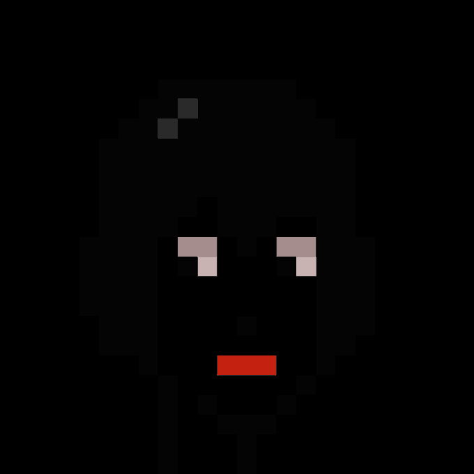 A simple pixel art illustration of a black face with pink and white eyes and a red mouth against a dark background.