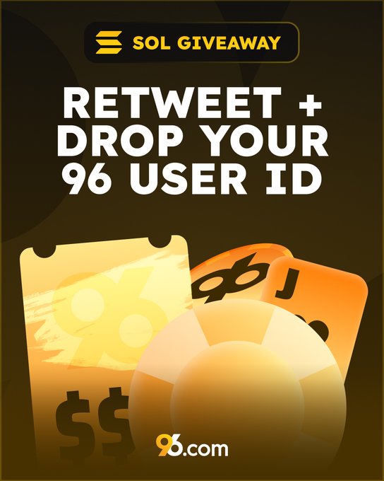 A promotional graphic for a 96.com SOL giveaway reads “RETWEET + DROP YOUR 96 USER ID,” with stylized Solana/SOL imagery and the 96.com logo. It supports the post’s call for users to retweet and submit their 96 User ID for a chance to win 1 SOL, with the winner announced tomorrow.