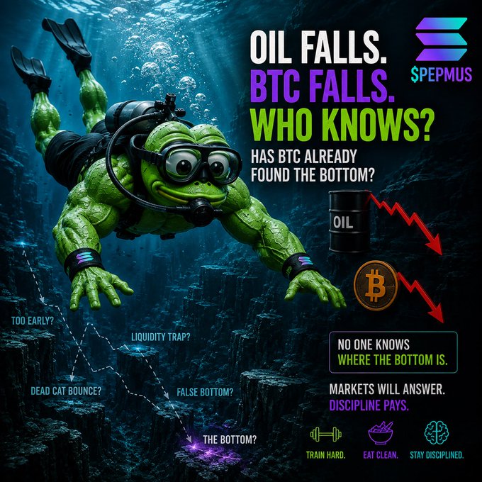 A promotional graphic featuring a scuba-diving Pepe the Frog with text reading 'OIL FALLS. BTC FALLS. WHO KNOWS? HAS BTC ALREADY FOUND THE BOTTOM?' branded with the 'PEPMUS' logo.