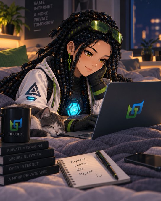 Anime-style girl with braided hair using a BELDEX laptop in bed with a cat, accompanied by a BELDEX mug and books labeled "Private Messaging," "Secure Network," "Open Internet," and "A More Private Web," with the tagline "Same Internet, A More Private Tomorrow."