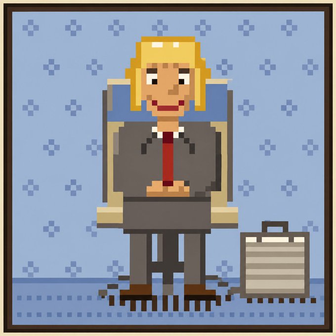 A pixel art illustration of a blonde-haired businessman in a suit sitting in a chair with a briefcase beside him against a blue patterned background.