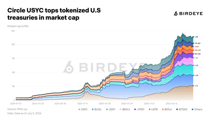A Birdeye stacked area chart titled 'Circle USYC tops tokenized U.S. treasuries in market cap' showing market cap growth from January 2024 to July 2025, with USYC, BUIDL, USDY, BENJI, JTRSY, USTB, BENJI, WTGXX, and Others as tracked assets.