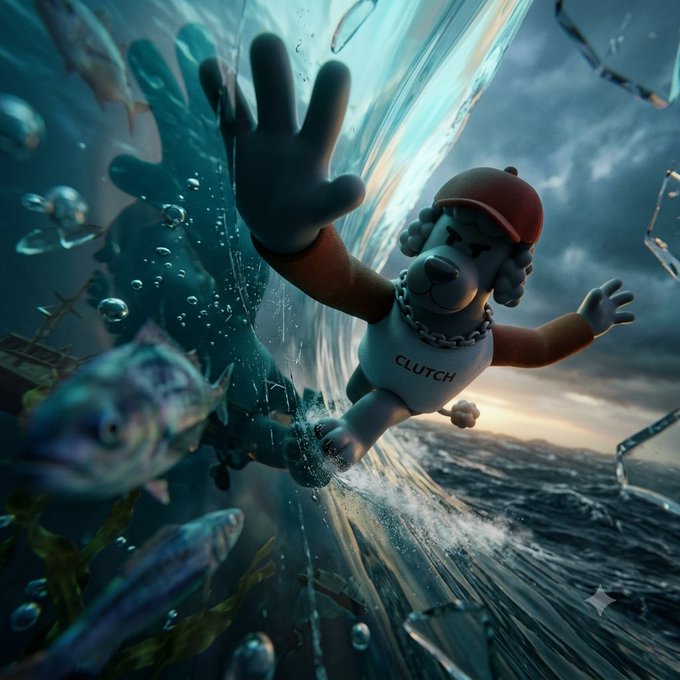 A dramatic 3D render of a teddy bear character wearing a red cap, a chain necklace, and a shirt reading 'CLUTCH', falling through shattered glass underwater with fish swimming around.