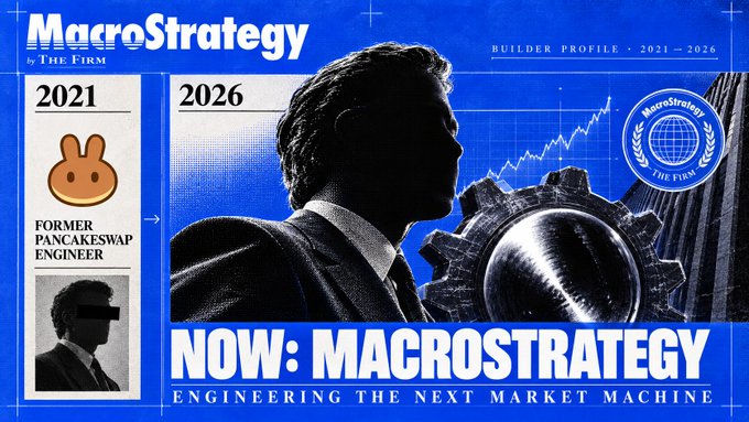 A blue promotional graphic titled 'MacroStrategy & The Firm' showing a 'Builder Profile · 2021-2026', depicting a transition from a 'Former PancakeSwap Engineer' (2021) to a 'MacroStrategy' company headshot (2026) with the tagline 'NOW: MACROSTRATEGY ENGINEERING THE NEXT MARKET MACHINE'.