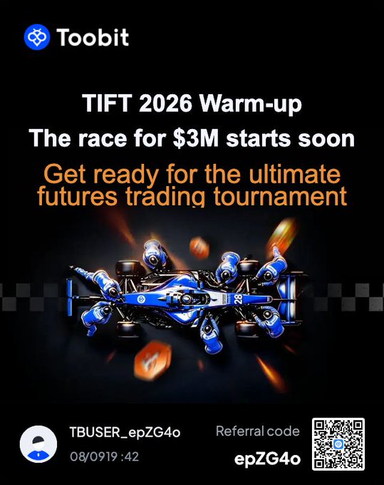 A promotional graphic for 'Toobit' advertising the 'TIFT 2026 Warm-up' futures trading tournament with a $3M prize pool, featuring a futuristic blue race car design and a referral code 'epZG4o' with a QR code at the bottom.