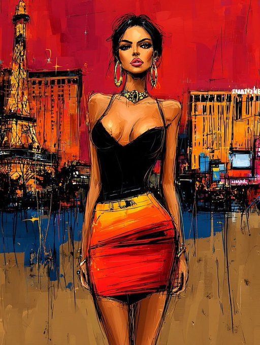 A stylized, vibrant illustration of a woman in a black top and orange skirt posing against a red and blue cityscape background.