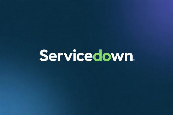 The image shows a blue background with white text that reads "ServiceDown". Below this, there are two green words that say "now" followed by an exclamation mark. The text appears to be explaining why something is happening or going down at the moment.