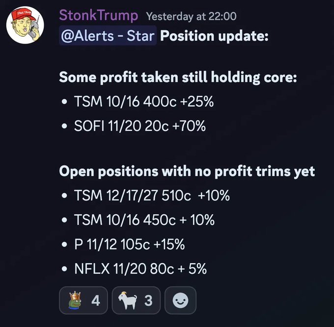 A Discord message from "StonkTrump" in an @Alerts channel titled "Position update" shows option holdings on tickers like TSM, SOFI, P, and NFLX, with call option positions ranging from +5% to +70% in profit. The message reflects the context of "trims" by showing which positions have had partial profit taken ("Some profit taken still holding core") versus "Open positions with no profit trims yet."