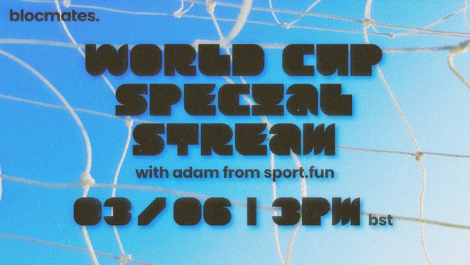 The image features a poster for an event called "World Cup Special Stream" which appears to be related to football or soccer. The poster has a blue background with white text, and there are several images of a soccer goal net displayed on the poster. The poster also includes information about the event's date, time, and location, as well as mentions of some famous people like Adam from sport fun.