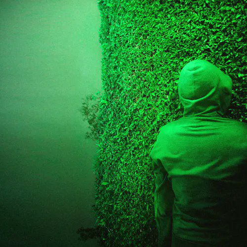 A figure in a hooded jacket stands facing a massive school of fish against a wall, illuminated by an eerie green underwater glow.