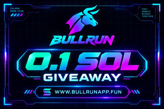 The image is a neon-themed promotional graphic for a crypto giveaway, featuring a bull logo and text reading "BULLRUN SOLANA MEME COIN," "FAST GROWTH BIGGER TOGETHER," and "0.1 SOL GIVEAWAY," with the website "www.bullrunapp.fun" displayed at the bottom.