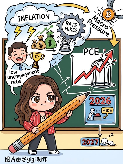 A cartoon-style image depicts a woman holding a giant pencil in front of a chalkboard filled with economic illustrations, including a cloud labeled "INFLATION," a gear marked "RATE HIKES," Bitcoin symbols under "Macro Pressure," a line graph labeled "PCE" trending upward, a smiling businessman with a trophy captioned "low unemployment rate," and a calendar showing "2026 HIKE" leading to "2027" with a sleeping figure. The image visually maps the macro pressures (inflation, low unemployment, PCE) that could trigger rate hikes and weigh on $BTC, echoing the post's warning about Morgan Stanley's counter-intuitive forecast that strong employment may ignite further tightening.