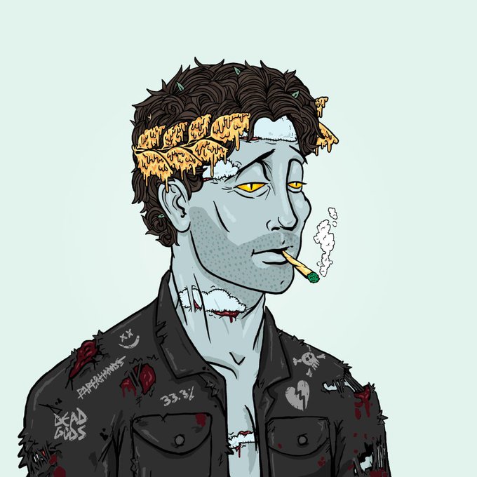 A digital cartoon illustration of a blue-skinned zombie-like character with curly brown hair adorned with french fries, yellow eyes, a stitched neck wound, wearing a black jacket with 'DEAD GOD' and 'PAPERHANDS' patches, and smoking a joint.