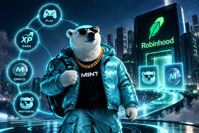 A promotional graphic featuring a polar bear mascot wearing sunglasses, a gold chain, and a 'MINT' t-shirt with a blue puffer jacket, surrounded by icons for PLAY, EARN XP, $MNTD, and MINTABEAR, alongside the Robinhood logo.