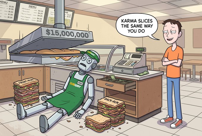 The image features a robot with arms and legs, wearing an apron, sitting next to a cash register filled with sandwiches. The robot appears to be in distress or exhaustion due to being drained of its energy reserves by someone named JaredFromSubway. The scene takes place in a restaurant setting where the robot is surrounded by stacks of sandwiches on the floor.