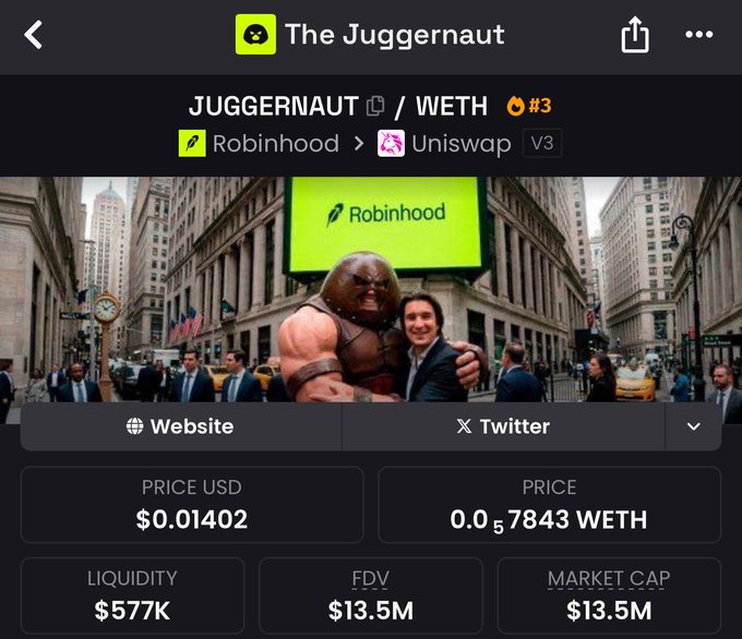 The image shows a cryptocurrency page for "JUGGERNAUT/WETH" on Uniswap V3, featuring a meme-style visual of the Juggernaut character with Robinhood branding in a Wall Street setting, displaying a price of $0.01402, FDV of $13.5M, and market cap of $13.5M—visually reinforcing the post's boast about the token's market cap growing from $2M to $13.5M.