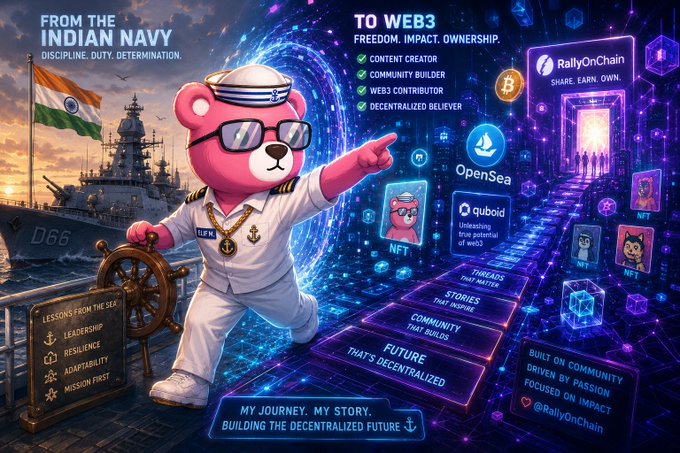 The image features a cartoon bear dressed as a sailor, wearing a captain's hat and holding a steering wheel. The background of the image shows a ship sailing towards an Indian Navy building with a flag flying from its mast. There are also several other ships visible in the scene. The caption to the image reads "From the Indian Navy to Web3: A Pirate Debate on CNN opened a rabbit hole I never escaped".