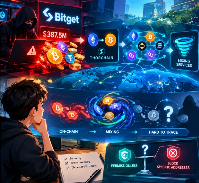 A digital infographic depicting cryptocurrency theft and money laundering, showing a hacker labeled 'Bitget' with '$387.5M' flowing into 'THORCHAIN' and 'MIXING SERVICES', with a workflow below labeled 'ON-CHAIN -> MIXING -> HARD TO TRACE'.