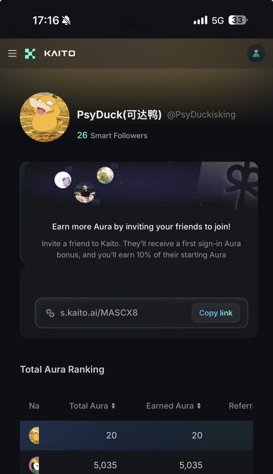A mobile screenshot of the Kaito platform showing user PsyDuck(可达鸭) with handle @PsyDuckisking and 26 Smart Followers, displaying a referral link s.kaito.ai/MASCX8 for earning Aura, and a 'Total Aura Ranking' leaderboard at the bottom.