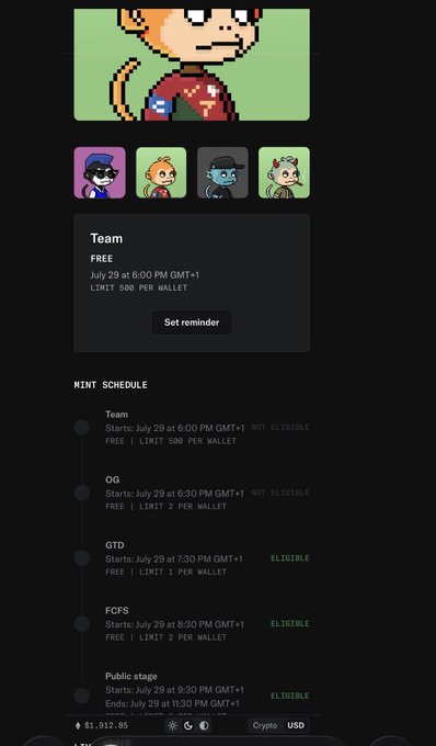 The image shows a minting schedule page for a pixel-art NFT collection featuring monkey-themed characters, with details including a "Team" free mint starting July 29 at 6:00 PM GMT+1 (limit 500 per wallet), followed by OG, GTD, FCFS, and Public stages. The post promotes eligibility to mint the MonkeyHoodNFT, which aligns with the "GTD," "FCFS," and "Public stage" marked as "ELIGIBLE" in the schedule.