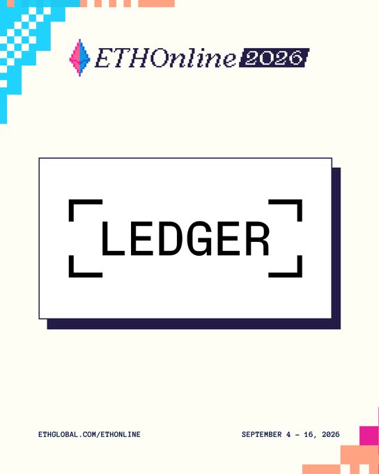 A promotional graphic for "ETHOnline 2026" featuring a pixelated design, with the word "LEDGER" centered inside a bracket frame and event details "SEPTEMBER 4 - 16, 2026" and "ETHGLOBAL.COM/ETHONLINE" at the bottom.
