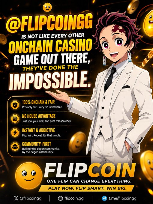 An anime-style promotional poster for '@FLIPCOINGG' features a pink-haired character in a white suit, advertising the platform as 'ONE FLIP CAN CHANGE EVERYTHING' with features like '100% ONCHAIN & FAIR' and 'INSTANT & ADDICTIVE'.
