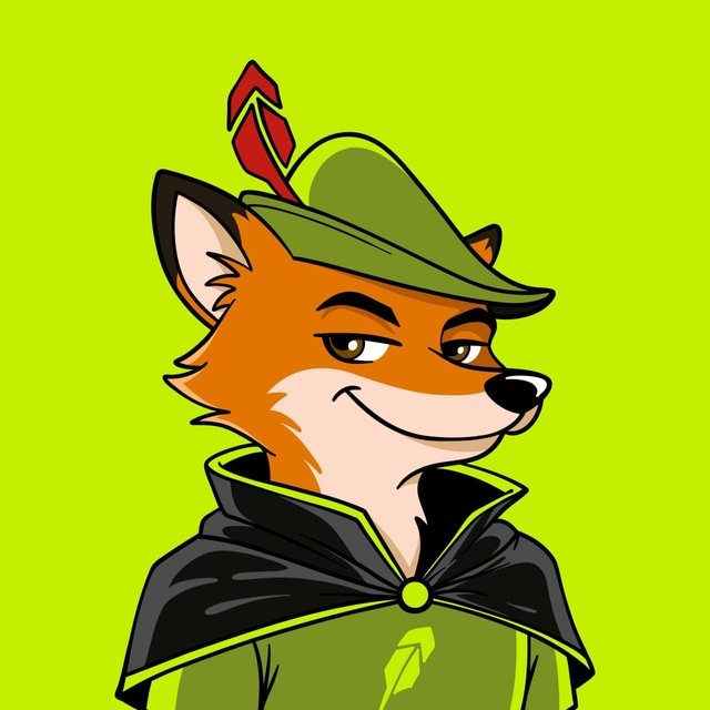 A cartoon illustration of a fox dressed as Robin Hood, wearing a green hat with a red feather and a dark green cloak, smiling slyly against a bright green background.