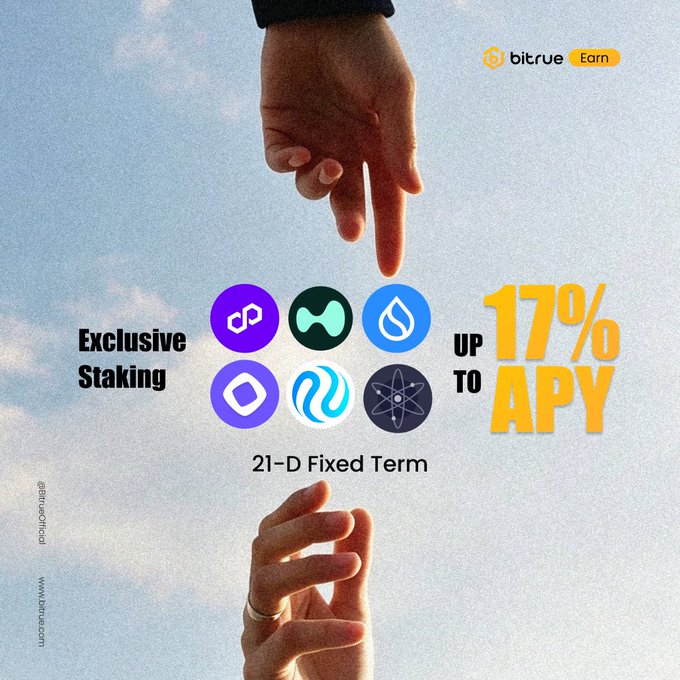 Two hands reaching toward each other against a cloudy sky frame six cryptocurrency logos, promoting Bitrue's exclusive 21-day fixed-term staking with up to 17% APY for ATOM, HYPE, INJ, MON, SUI, and POL.