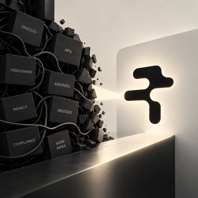 A conceptual image showing black blocks labeled 'ORACLES', 'APIs', 'MIDDLEWARE', 'KEEPERS', 'PRIVACY', 'BRIDGES', 'COMPLIANCE', and 'MORE INFRA' crumbling away, with a beam of light illuminating a dark figure-shaped icon on a wall.