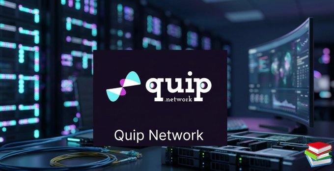 A promotional graphic displays the 'quip.network' logo with 'Quip Network' text against a backdrop of a server room and colorful LED lights.