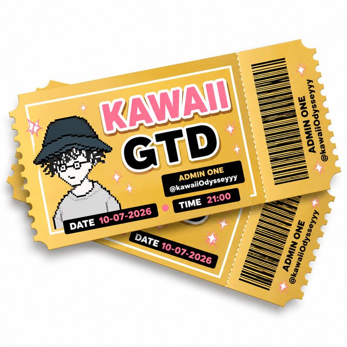 Two yellow ticket-style graphics feature a pixelated character wearing a bucket hat, with text reading "KAWAII GTD," "ADMIN ONE @kawaiiOdysseyy," "DATE 10-07-2026," and "TIME 21:00," alongside barcodes. The design serves as a promotional ticket for a GTD giveaway event, matching the post announcing 12 GTD spots filled out of 50 total, with the date and admin handle identifying the event details.