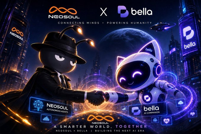 The image is a promotional graphic featuring a NeoSoul mascot character in a black hat and suit shaking hands with a futuristic robot cat labeled "bella" against a neon-lit sci-fi cityscape with a planet in the background. Key text includes "NeoSoul x bella," "Connecting Minds • Powering Humanity," "NeoSoul Autonomous Agents," "Bella AI Companion," and "A Smarter World, Together," visually symbolizing the official partnership between the two AI platforms to integrate Bella's market intelligence stack into NeoSoul's autonomous agents.