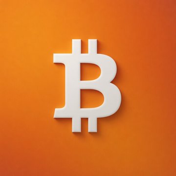 A 3D-rendered white Bitcoin 'B' symbol on an orange gradient background.