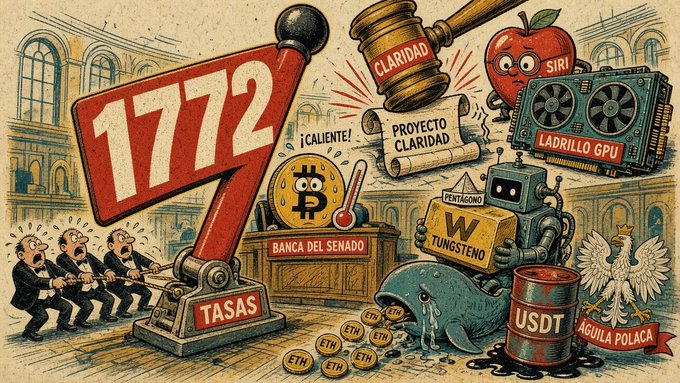 A satirical illustration featuring a large '1772' sign with 'TASAS', figures pulling, and various elements like a Bitcoin gavel, 'CLARIDAD', 'SIRI', 'GPU', 'PENTAGONO', 'W TUNGSTENO', 'USDT', 'AGUILA POLACA', and 'PROYECTO CLARIDAD'.