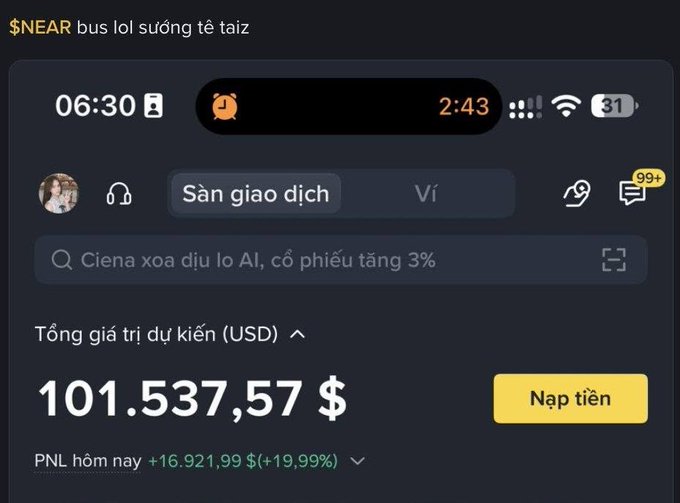 A screenshot of a Binance trading interface in Vietnamese showing a total estimated value of 101,537.57 USD ($NEAR), with today's PNL at +16,921.99$ (+19.99%), and a timer counting down 2:43.