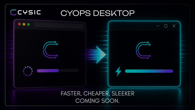 A promotional graphic for CYSIC's "CyOps Desktop" featuring two stylized browser/app windows with circuit-themed "C" logos—one in a loading state (purple, with a circular loader) and one in an active state (cyan, with a lightning bolt and full progress bar)—separated by a directional arrow, with the tagline "FASTER, CHEAPER, SLEEKER. COMING SOON." The transition from loading to fully powered illustrates the post's claim that "CyOps is unstoppable," visually conveying the product's speed and momentum.