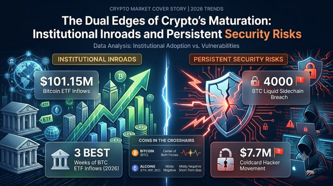 An infographic titled 'The Dual Edges of Crypto's Maturation: Institutional Inroads and Persistent Security Risks' comparing '$101.15M Bitcoin ETF Inflows' with security incidents like a '4000 BTC Liquid Sidechain Breach' and '$7.7M Coldcard Hacker Movement.'